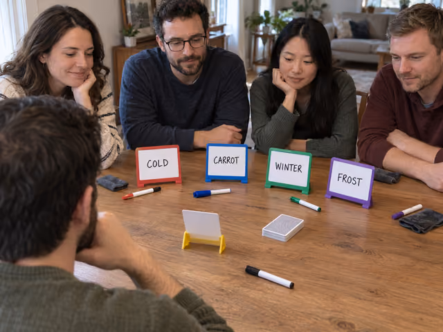 Adults showing four different word clues to a Just One guesser, with the target card facing away from the guesser.