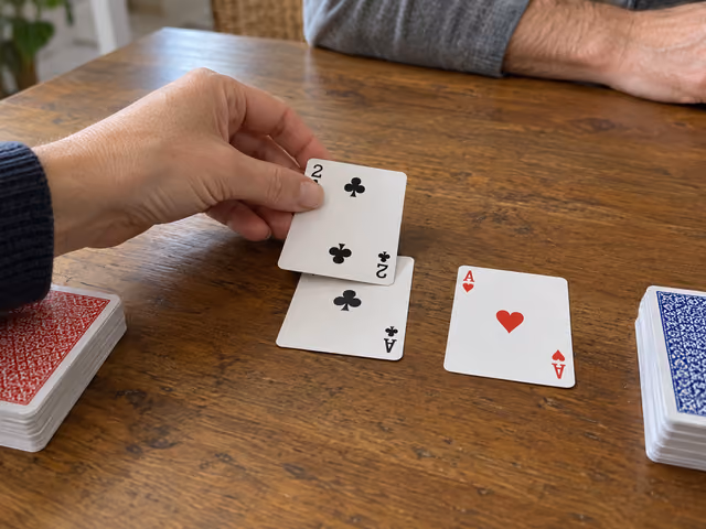 A hand adds the two of clubs to a shared Nertz foundation between red- and blue-backed decks