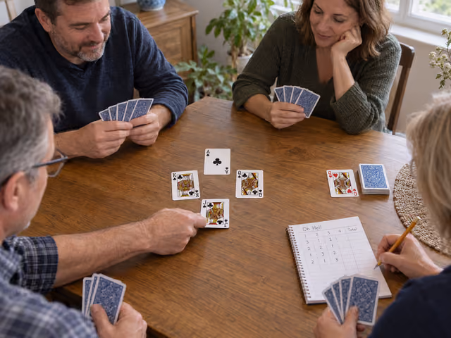 Four adults complete a club-suit trick beside a separate heart trump card and score sheet