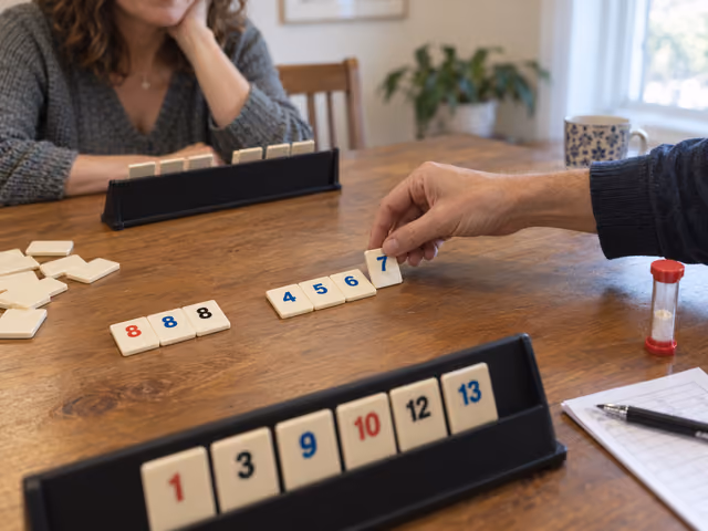 An adult adds a blue seven to a Rummikub run beside a group of eights
