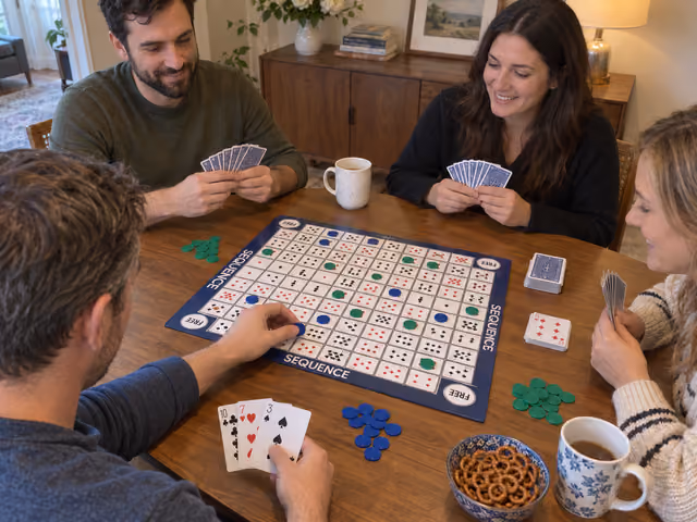 Four adults playing Sequence with a card-picture board and blue and green chips
