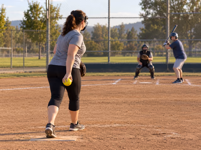 An adult softball pitcher preparing an underhand pitch toward a helmeted batter