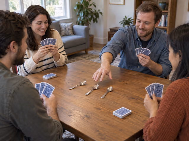 Four adults playing Spoons, with three spoons in reach at the center of the table