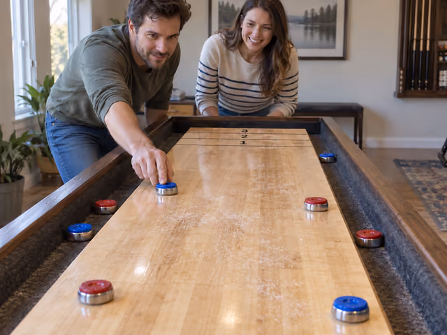 Two adults playing table shuffleboard with red and blue weighted pucks