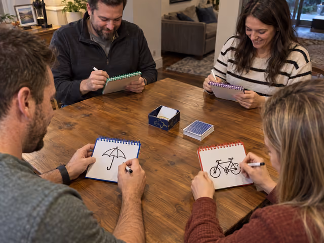 Four adults privately drawing in individual spiral-bound books during Telestrations.