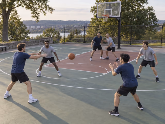 Six adults in navy and gray teams pass a basketball during a half-court game