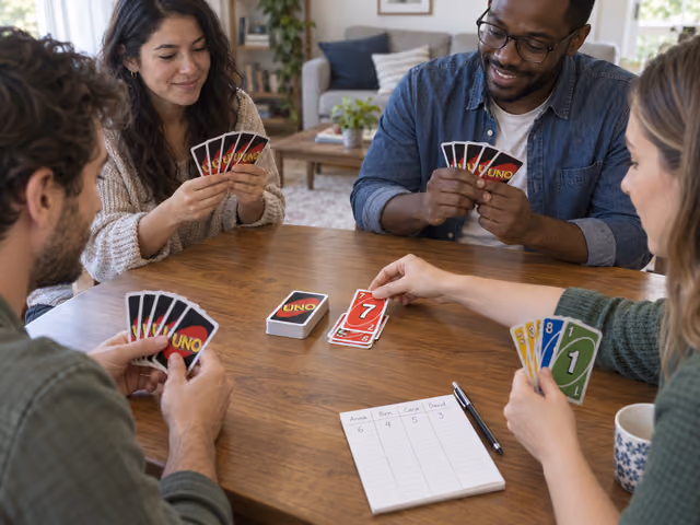 Four adults playing UNO, with one placing a red card on a matching-color discard pile