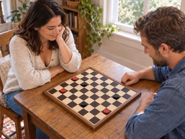 Two adults playing checkers on an eight-by-eight board with pieces on dark squares