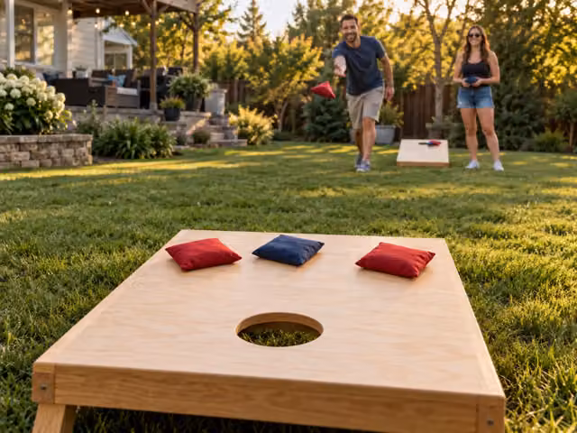 Friends playing cornhole with opposing boards and two colors of beanbags