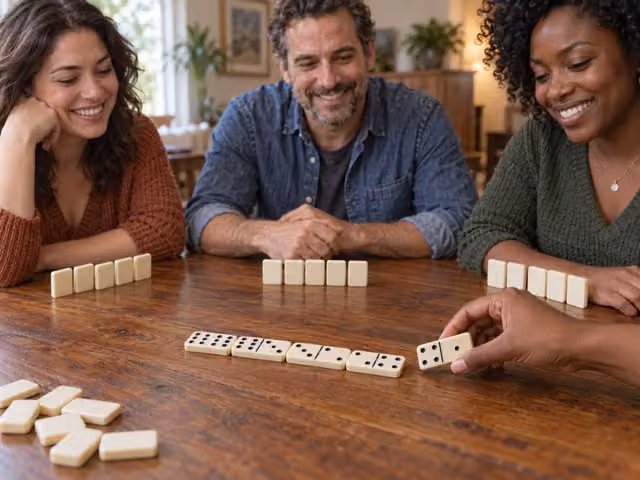 Adults playing a connected chain of matching double-six dominoes