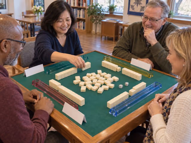 Four adults building face-down mahjong tile walls at a green table with four racks, folded cards and two dice.