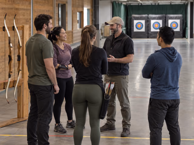 Four adult friends talking with an instructor at an indoor archery range, beside racked recurve bows and distant targets.