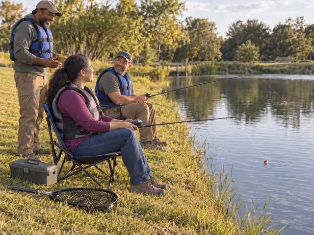 Three adults in life vests chatting beside a calm pond while two fish from folding chairs on the grassy bank.