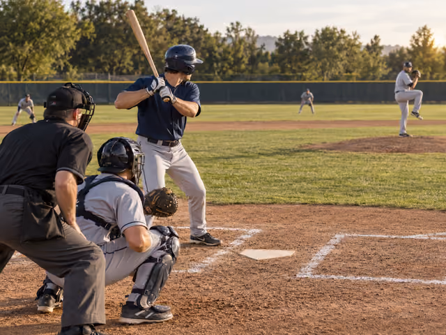 A helmeted adult batter faces a pitcher on a baseball diamond, with a protected catcher and masked umpire behind home plate.