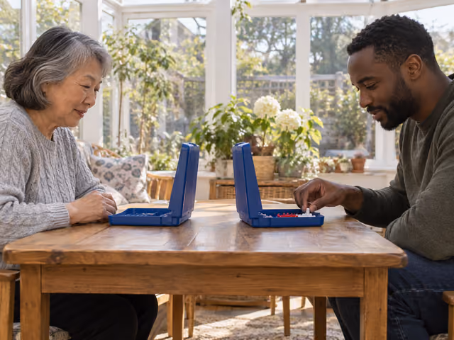 Two adults facing each other across a table with separate raised blue Battleship cases and red and white pegs.