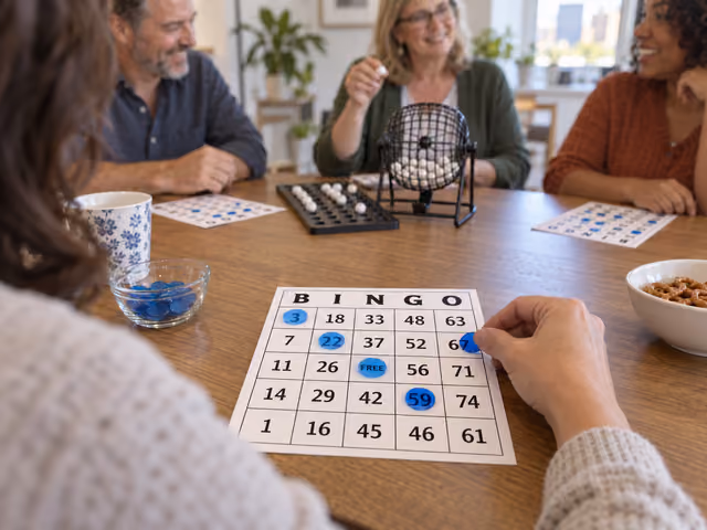 An adult places a blue marker on a five-by-five bingo card while friends and a caller sit around a table with a bingo cage.