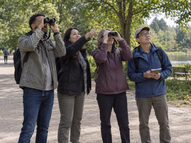Four adults pause on a park path to watch birds, with two using binoculars and a friend pointing toward the trees.