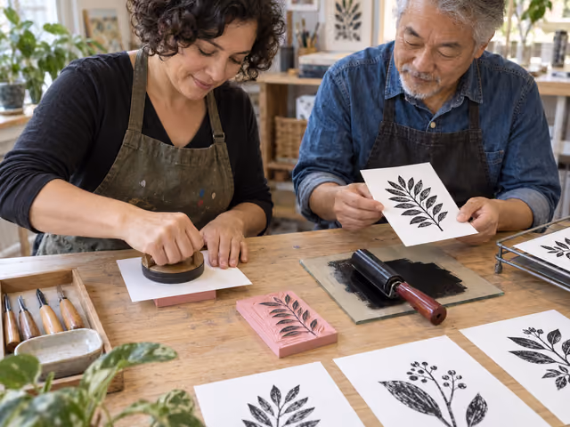 Two adults hand printing botanical designs on paper with pink carving blocks, a baren and an inked brayer.