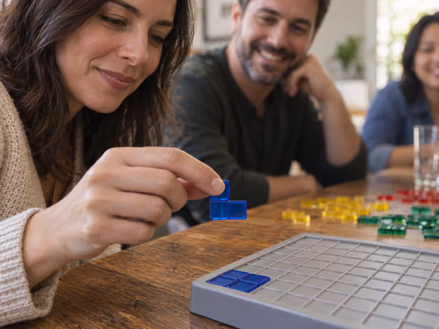 An adult considers a blue L-shaped Blokus piece beside a partially filled board.