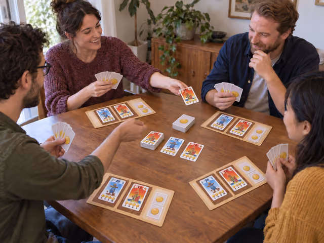 Four adults exchanging illustrated bean cards at a table with two-field mats and coin-backed cards.