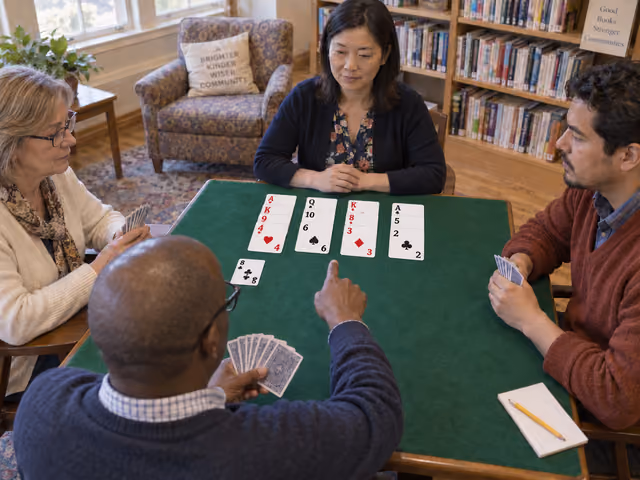 Four adults playing bridge at a green table, with one exposed dummy hand opposite the declarer.