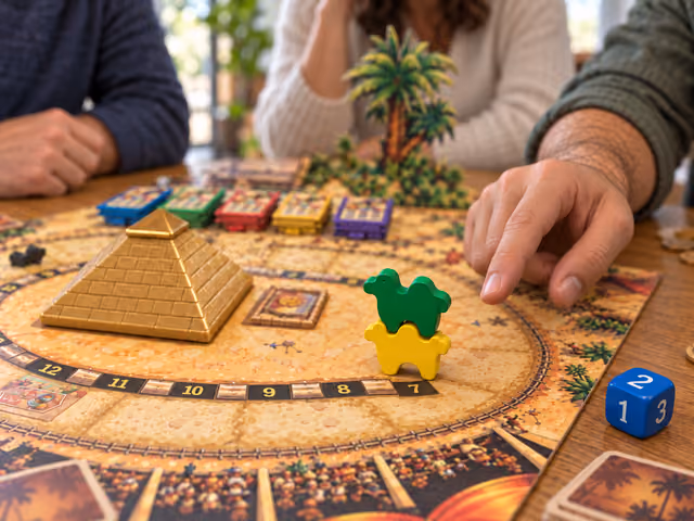 Three adults watching a green camel stacked on a yellow camel beside the golden Camel Up pyramid and a blue numbered die.