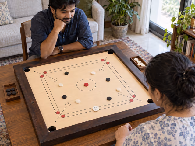 Two adults seated opposite a square Carrom board, with a larger striker near the front shooting lines and black, white and red discs on the wood.