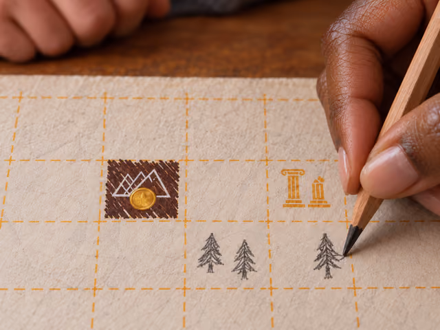 Close-up of an adult drawing forest symbols on a Cartographers map beside a printed mountain and ruins symbol, with another player's hand nearby.