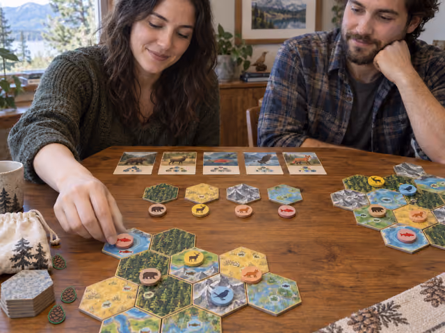 Two adults playing Cascadia, with separate hexagonal landscapes and four habitat-and-animal pairs between them.