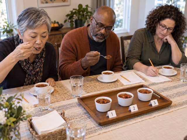 Three adult judges tasting chili at a dining table, with numbered samples, water and paper ballots.