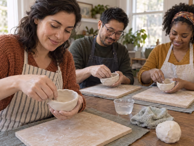 Three adults shaping separate small white clay pinch bowls at a protected craft table.