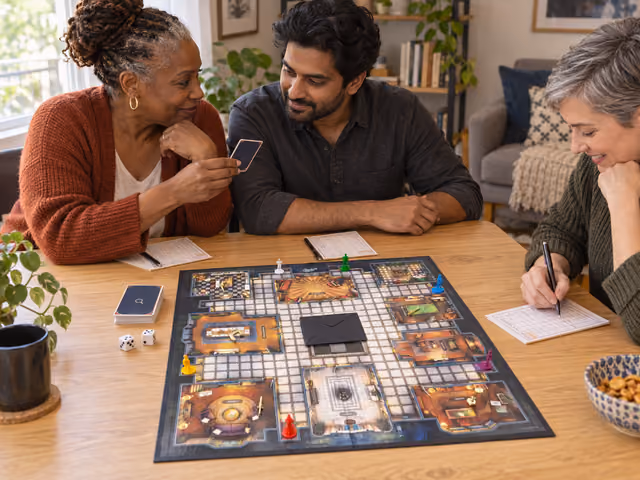 Three adults looking at a Clue mansion board while one shows a card and another writes notes.