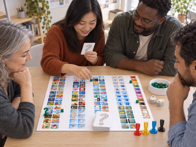 Four adults playing Concept around its white icon board, with a green question-mark pawn and colored clue cubes.
