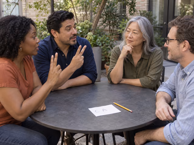 Four adults seated on a patio playing a spoken word game, with two raising countdown fingers and a C A prefix note on the table.
