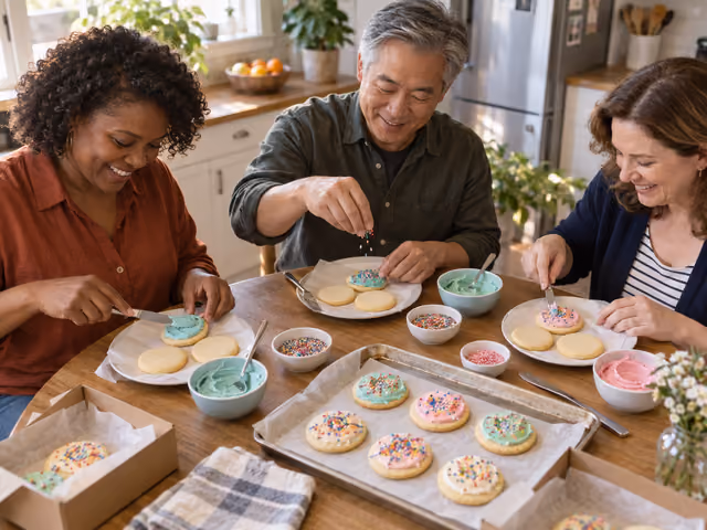 Three adult friends decorating round cookies with soft frosting and sprinkles at a dining table.