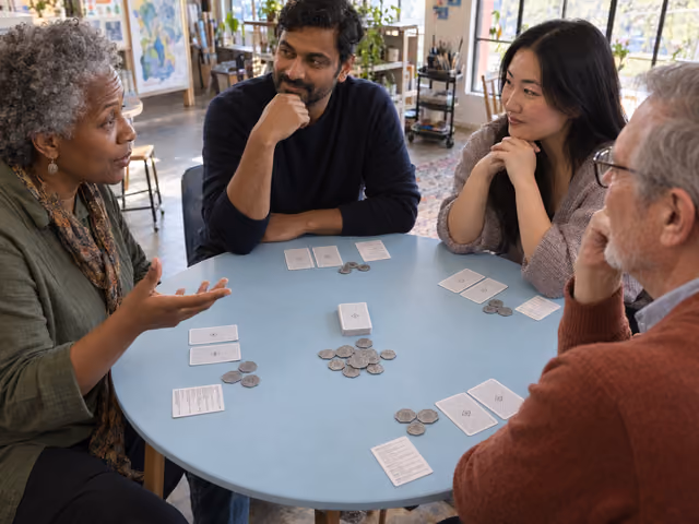 Four adults playing Coup with pairs of hidden character cards and visible silver-gray coin tokens on a table.
