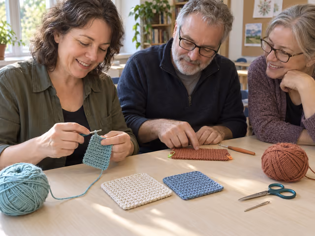 Three adults helping with crochet beside cotton yarn and small square coasters