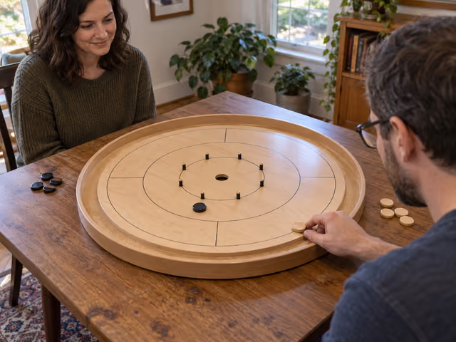 Two adults seated opposite a wooden Crokinole board, with eight pegs around its center hole and a player preparing to flick a disc.