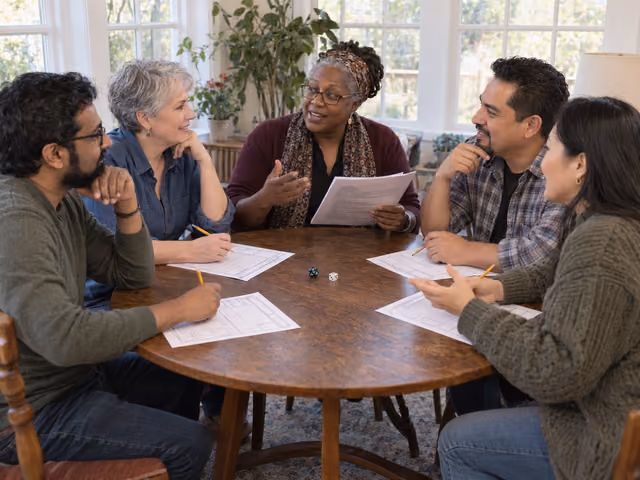 Five adults playing a tabletop roleplaying adventure with printed character sheets, a Dungeon Master's packet and two shared dice.