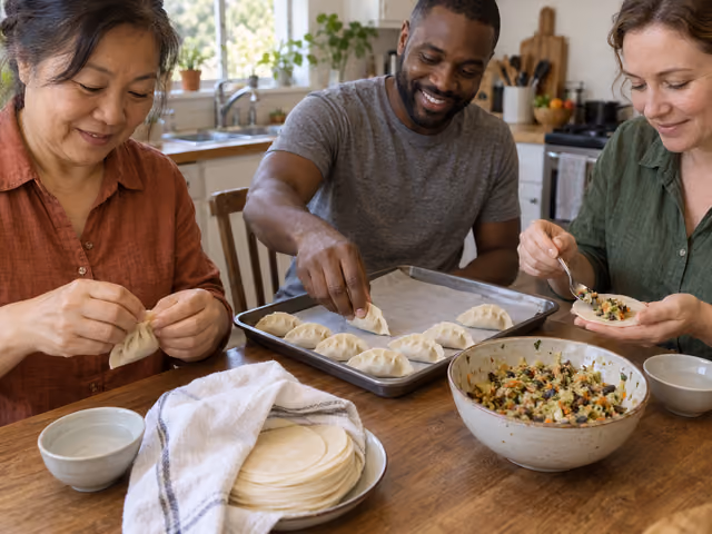 Three adults filling and sealing vegetable dumplings beside a parchment-lined tray, round wrappers and water bowls in a kitchen.