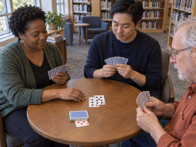 Three adults playing Durak with a covered club attack and a heart trump visible beneath the draw pile.