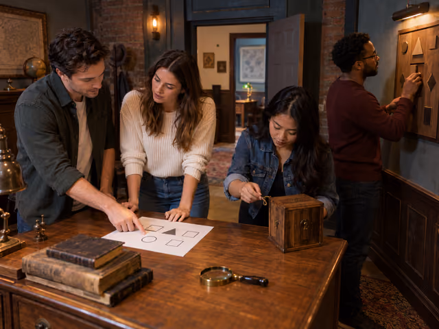 Four adults compare a diagram, hold keys beside a box and examine a wall puzzle inside a themed escape room.