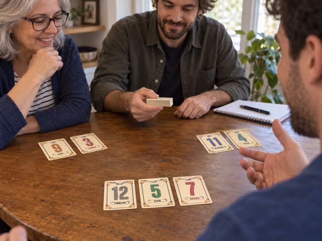 Adults playing Flip 7 at a wooden table, with cream Number cards in face-up rows and the dealer holding the deck.