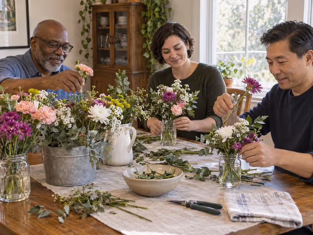 Three adults arranging fresh flowers in separate glass vases beside a shared flower bucket, snips and stem offcuts.