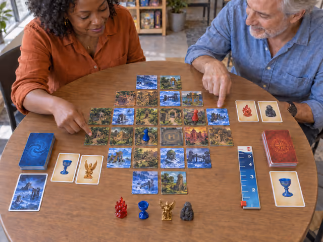 Two adults playing Forbidden Island around a tile island, with face-up treasure cards, red and blue pawns and four treasure figurines.