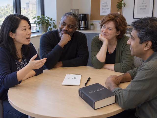 Four adults taking spoken turns around a break-room table, with CAR written on a notepad beside a dictionary.
