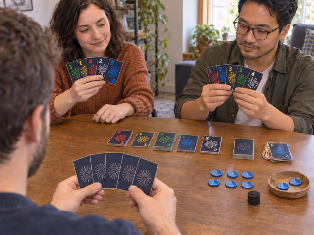 Three adults playing Hanabi with numbered firework cards facing away from their holders, shared color stacks and blue clue tokens.