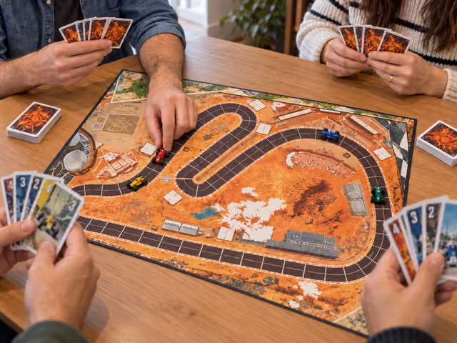 Four adults hold racing cards around Heat's desert circuit while a player moves a red miniature car on the track.