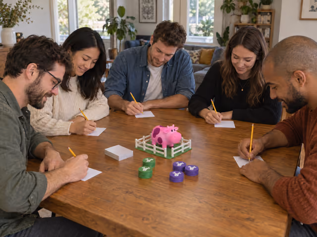 Five adults writing private answers around a table with a Pink Cow, cardboard paddock and cow score tokens.