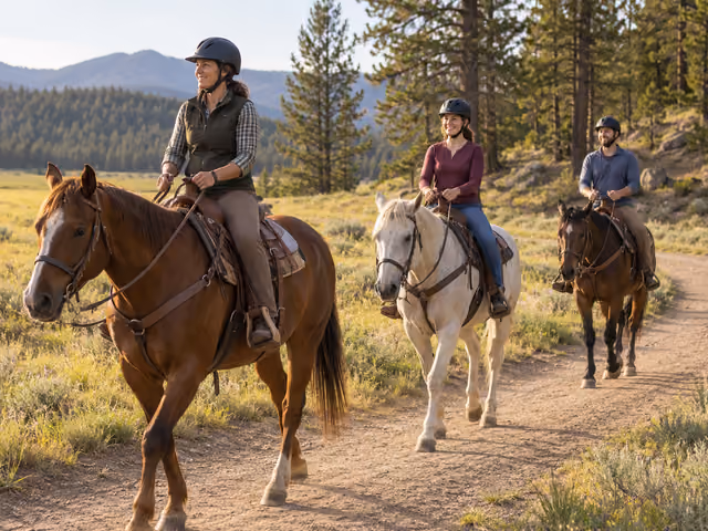 Three helmeted adults riding separate horses in single file along a meadow trail, with a guide leading.